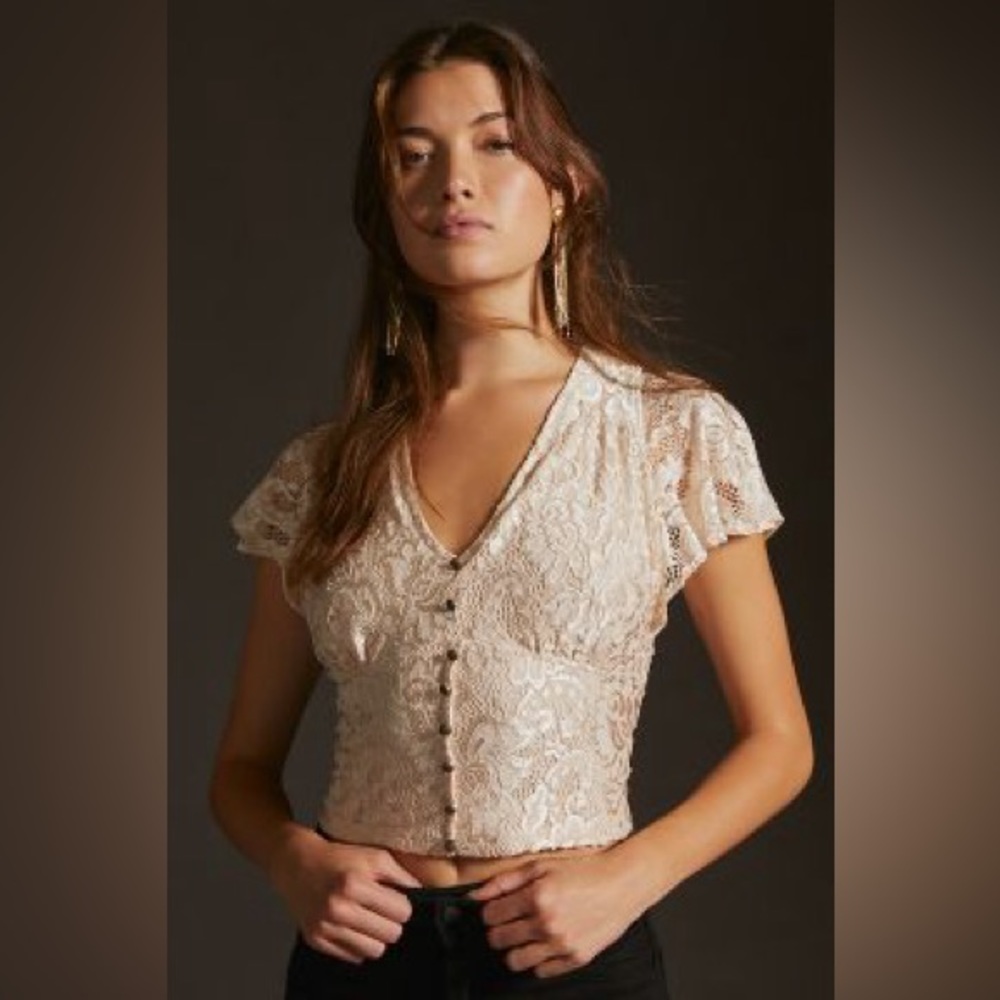 NWT Anthropologie V-Neck Futter Hem Top in light sand size xxs